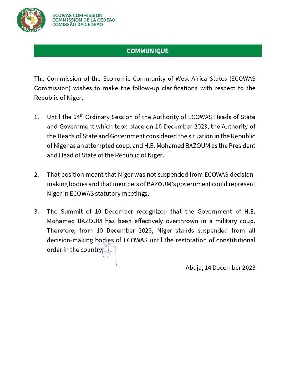 Regional bloc ECOWAS has officially suspended Niger from all decision making bodies. Prior to 10th December summit, member states considered situation in Niger as an attempted coup and that Mohamed Bazoum was still President- now recognise Bazoum and his govt were overthrown.