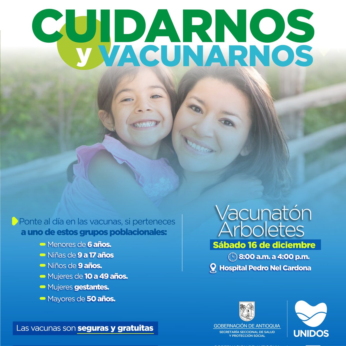 AlcArboletes's tweet photo. 🌟 Este sábado 16 de diciembre, el Hospital Pedro Nel Cardona en Arboletes te invita a nuestra vacunatón de 8:00 a. m. a 4:00 p. m. Protege a los menores de 6 años, niñas de 9 a 17 años, niños de 9 años, mujeres de 10 a 49 años, mujeres gestantes y mayores de 50 años. https://t.co/HTOzysv4V3