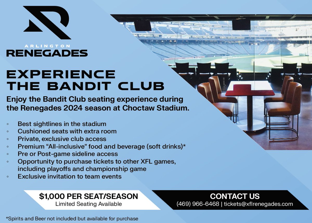 picture it: air conditioned views, cushioned seats, food & bev steps away… that could be 𝘆𝗼𝘂𝗿 reality for the reigning champs’ 2024 season see you in the Bandit Club, click here for more info: xfl.com/teams/arlingto…