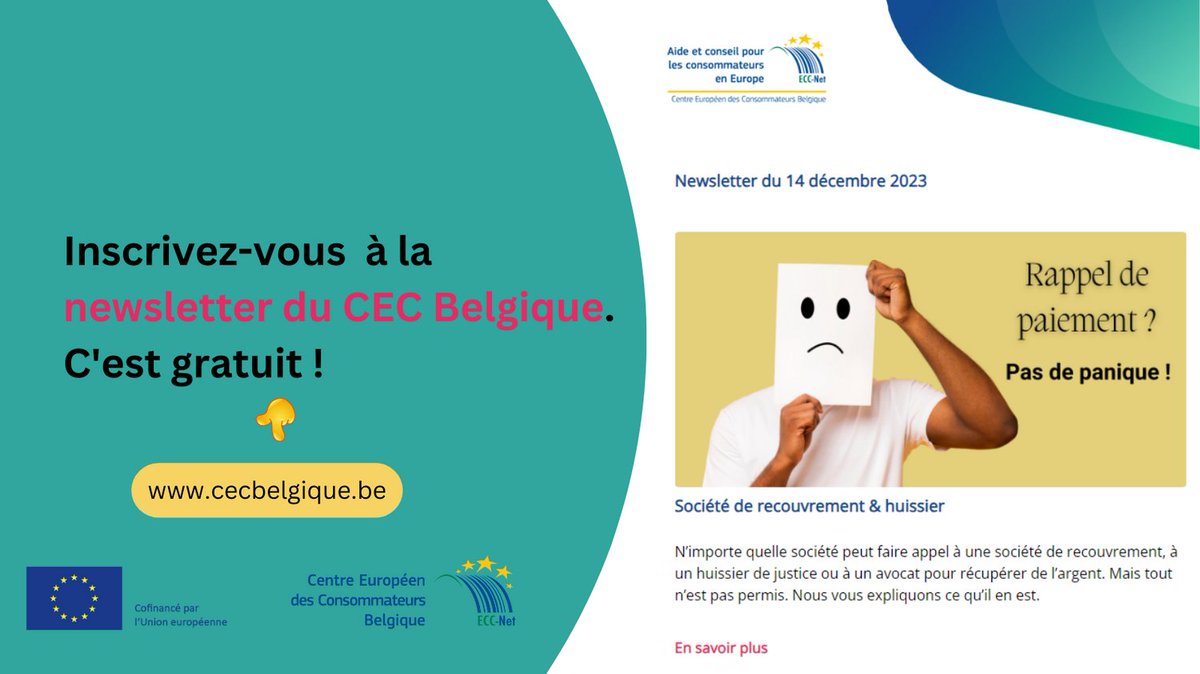 Notre #newsletter est parue. Vous ne l'avez pas reçue? Inscrivez-vous! ➡️cecbelgique.be/#newsletterSub… 🆕Société de recouvrement & huissier | Gare aux publicités frauduleuses | eCollect/Themys&Dyke | Chargeur universel | Résolu! | En bref ➡️ cecbelgique.be/newsletter/202…