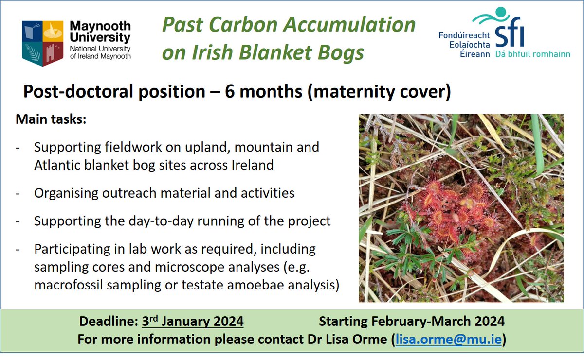 I am advertising a 6 month postdoc position at the moment to join the PCARB project team in the new year - please spread the word! Will be a mix of project management, fieldwork and palaeoclimate research @MaynoothUni  @scienceirel @Quaternary_Irl @Irish_PeatECR @WAN_LIFEIP