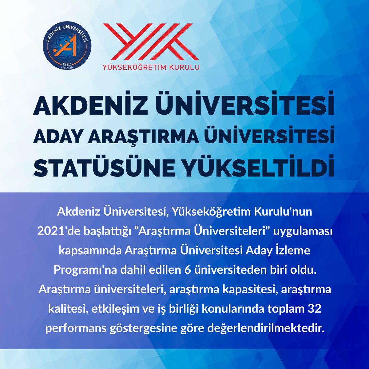 Akdeniz Üniversitesi, Yükseköğretim Kurulu (YÖK) tarafından "Araştırma Üniversitesi Aday İzleme Programı"na dahil edilen 6 üniversiteden biri oldu.