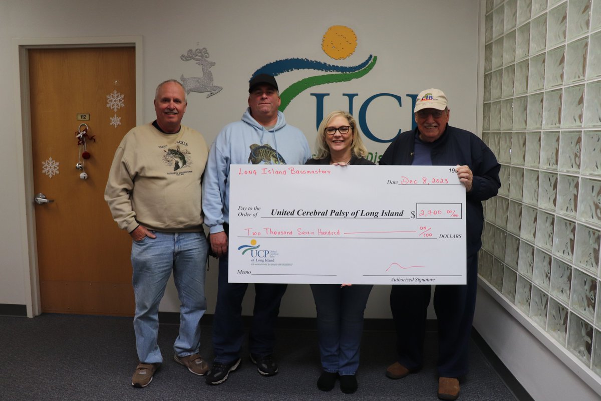 UCP was proud to be the recipient of a donation made on behalf of the LI Bassmasters.
Started in 1970, LI Bass Masters is an affiliated chapter of the Bass Anglers Sportsman's. 
Pictured are LIB members Eric, Rob, & Dom along with UCP Pres & CEO Colleen Crispino . TYSM!