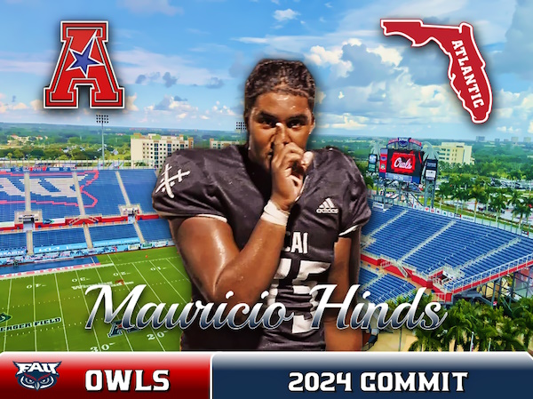 CONGRATS TO ⭐️⭐️⭐️ 6-5 285 lbs OL @mauricio_hinds of @CAIKnightsFB on his commitment to @CoachTomHerman and the @FAUFootball Class of 2024! He chose #FAU over #Minnesota, #Arizona, & #AppState among others! WELCOME Mauricio! 🦉🏈🌴