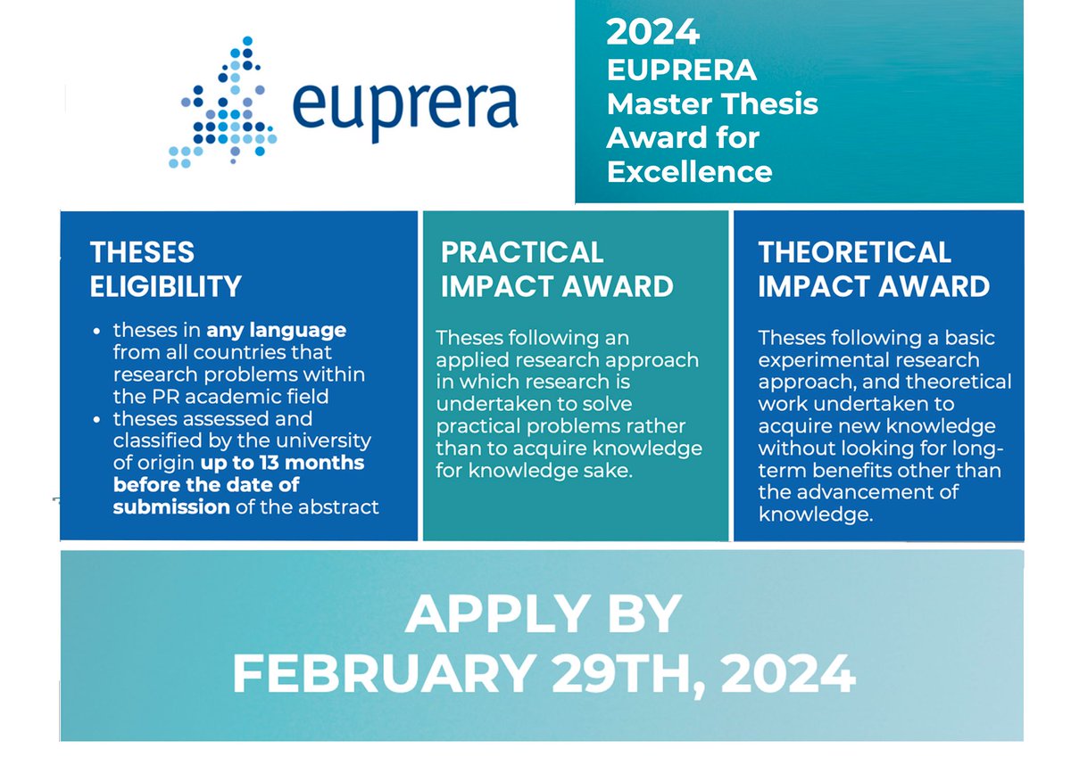 🖊️ CALL FOR APPLICATION 🏆 The Master Thesis #Award 2024 call is now open to any student studying public relations in Europe, regardless of the location. Download the full call here and see it's your turn to win! ➡️ buff.ly/3RfvVw4 #masterthesis #callforapplication