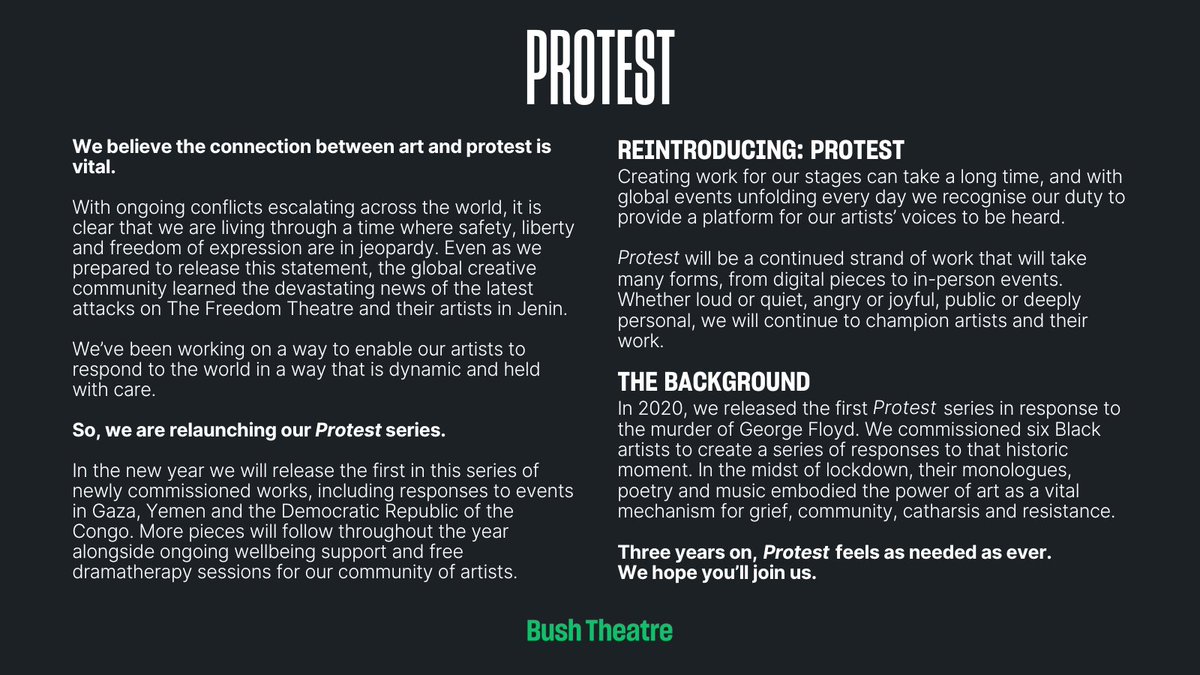 Reintroducing: Protest With ongoing conflicts escalating across the world, we’ve been working on a way to enable our artists to respond in a way that is dynamic and held with care. Full statement below:
