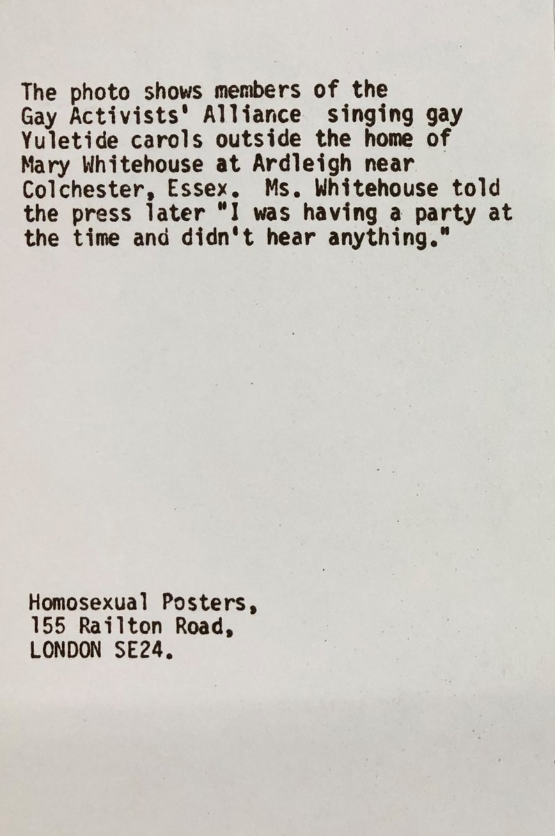 From the #HallCarpenterArchives, a Gay Activists Alliance Christmas card with a photo of their gay Yuletide carol singing at the home of Mary Whitehouse. 📁 bit.ly/3RI9KAf