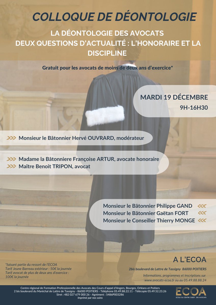 J-5 avant notre colloque annuel de déontologie !
Un thème d'actualité, gratuit pour les jeunes barreau, idéal pour valider ses heures de formation obligatoires avant le 31 décembre 2023!
Inscrivez-vous dès maintenant sur notre site 👇
avocats-ecoa.fr/espaceprive/fo…