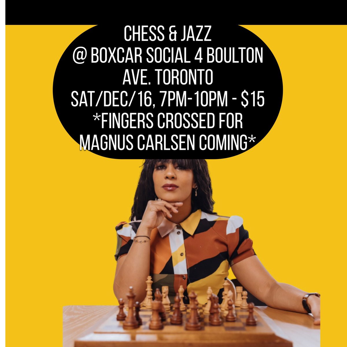 Attn #Chess lovers of #Toronto! Awesome chess &amp; jazz event this Saturday at boxcar social - come play! Special invite goes out to <a href="/MagnusCarlsen/">Magnus Carlsen</a> !! #torontoevents #torontochess #chesstoronto