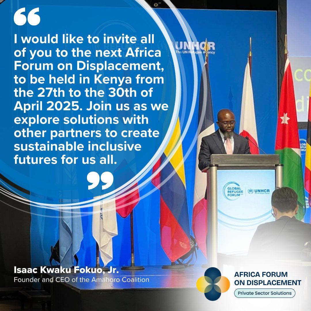 The date for the 3rd edition of the Africa Forum for Displacement has been revealed! #AFD3 will take place from 27-30 April 2025 in Nairobi, as announced by @AfricaAmahoro CEO Isaac Kwaku at a high level session hosted by the UN High-Commissioner for Refugees in Geneva.
