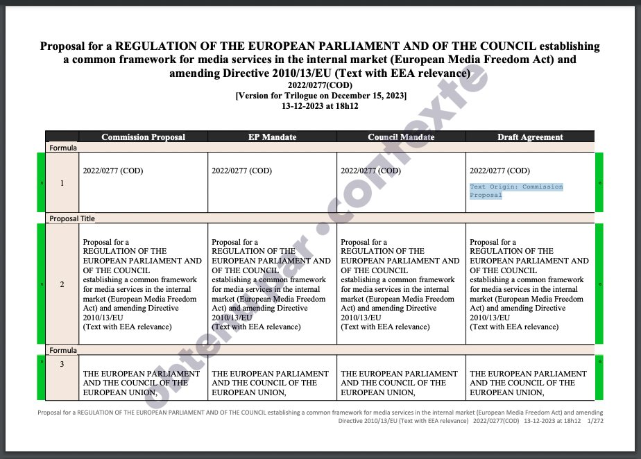 Léo Lictevout 🇪🇺 (@leolct037) on Twitter photo 🚨 The latest 4-column document on the Media Freedom Act #EMFA, to be discussed in trilogue tomorrow, is in <a href="/ContexteMedias/">Contexte Médias</a> .
Analysis to come in tomorrow's briefing ! contexte.com/medias/pdf/med… 🚨 The latest 4-column document on the Media Freedom Act #EMFA, to be discussed in trilogue tomorrow, is in <a href="/ContexteMedias/">Contexte Médias</a> .
Analysis to come in tomorrow's briefing ! contexte.com/medias/pdf/med…