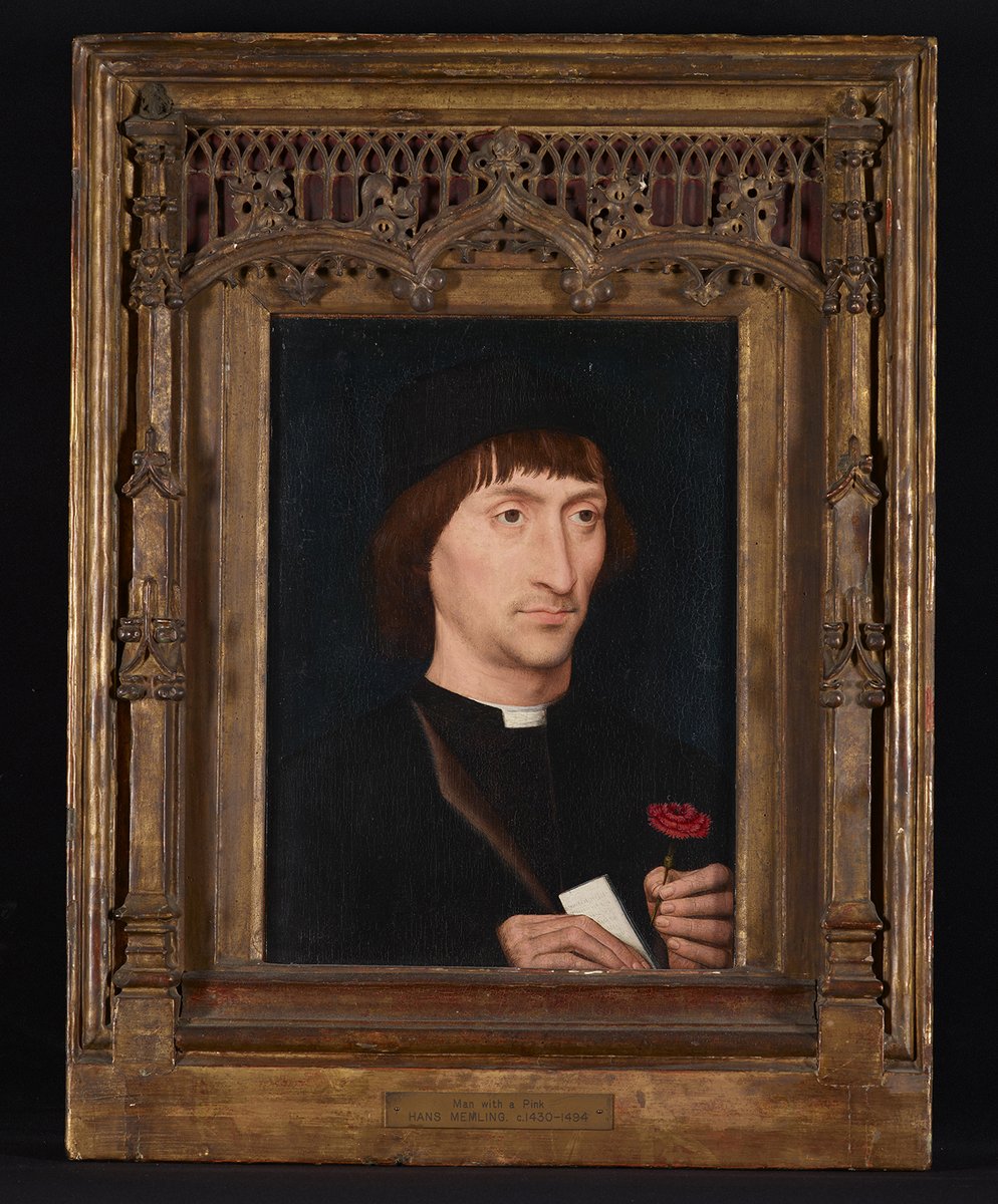 Even though this one is red, in medieval times carnations were called “pinks”! This young man clutches one, a symbol of betrothal, suggesting it is a wedding portrait. He was an Italian merchant colony in Bruges, a city that has been called “the cradle of capitalism.” #medieval