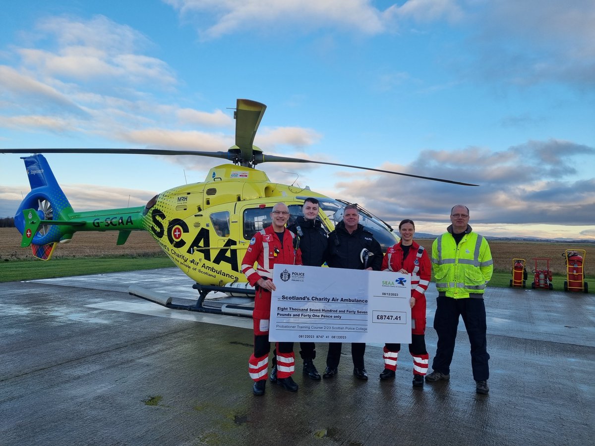 SCAA (@scotairamb) on Twitter photo Our Perth-based Helimed 76 crew were delighted to recently welcome Inspector Hughes from the Police Scotland College and accept a cheque for £8,747.41 raised by this year's group of Police Scotland Probationers! 👍🚁
<a href="/PSOSCollege/">Police Scotland College</a> <a href="/PoliceScotland/">Police Scotland</a> Our Perth-based Helimed 76 crew were delighted to recently welcome Inspector Hughes from the Police Scotland College and accept a cheque for £8,747.41 raised by this year's group of Police Scotland Probationers! 👍🚁
<a href="/PSOSCollege/">Police Scotland College</a> <a href="/PoliceScotland/">Police Scotland</a>