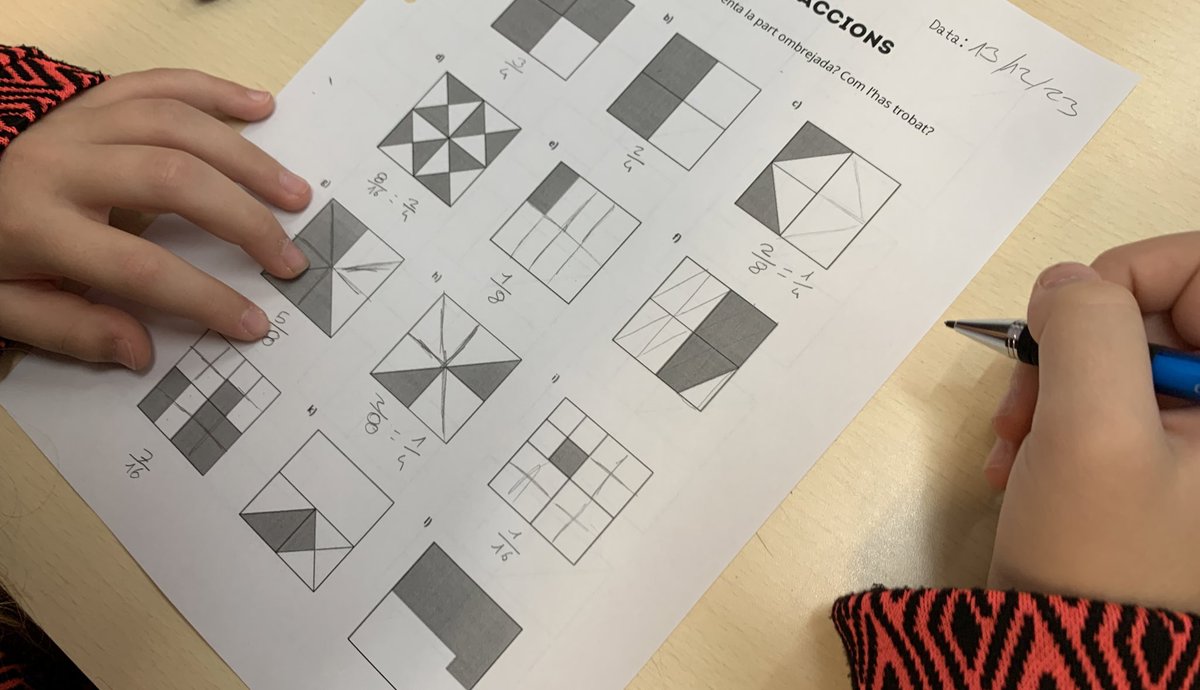 CarlesGranell4's tweet image. Parlem de fraccions 💬

1️⃣ Quina fracció representa la part ombrejada? Com ho saps?

2️⃣ De quines maneres diferents pots representar 1/4? Quina estratègia has seguit?

🙌🏽 Material de @taylorda01 a taylorda01.weebly.com (1) i #FractionalTalks a fractiontalks.com (2)