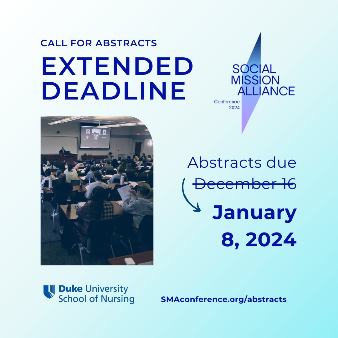 📅EXTENDED DEADLINE: Abstract submissions for #EquityAmplified2024 now open until January 8, 2024

Don't waste this opportunity - submit now for a poster, oral presentation, or workshop at our convening in April 2024 in Durham, NC with <a href="/DukeU_Nursing/">Duke University School of Nursing</a>  smaconference.org/abstracts/