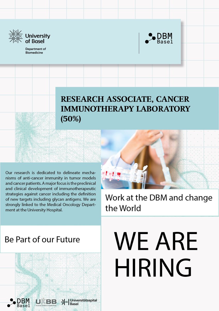 Department of Biomedicine (@depbiomedicine) on Twitter photo OPEN POSITION💡
The Cancer Immunotherapy group led by Heinz Läubli <a href="/LImmunotherapy/">Heinz Läubli</a> is looking for a highly collaborative research associate with a goal-oriented mindset.
Link Job offer: jobs.unibas.ch/offene-stellen… OPEN POSITION💡
The Cancer Immunotherapy group led by Heinz Läubli <a href="/LImmunotherapy/">Heinz Läubli</a> is looking for a highly collaborative research associate with a goal-oriented mindset.
Link Job offer: jobs.unibas.ch/offene-stellen…