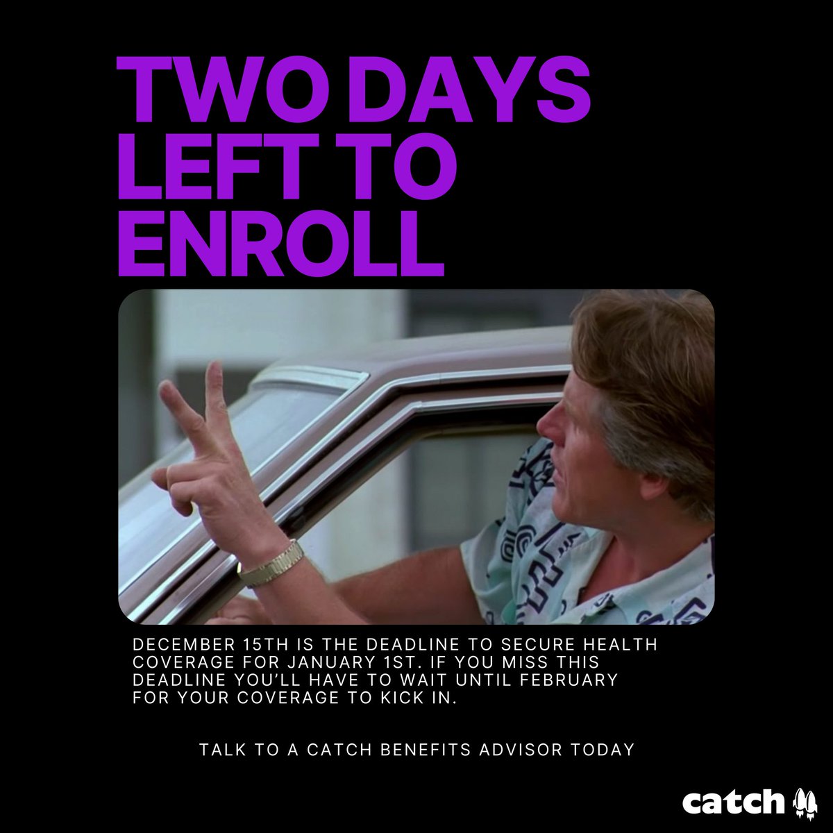 Not sure if we've mentioned this, but 12/15 is the last day to enroll in or change health insurance plans for coverage to start 1/1. Talk to a catch benefits advisor and find the plan that works best for you. cci7.short.gy/benefitsadvisor #OpenEnrollment #healthinsurance #Benefits