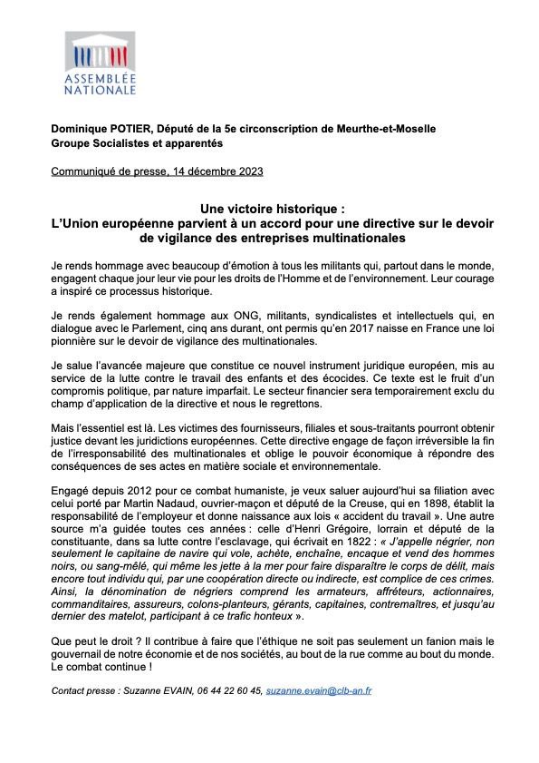 PotierDominique's tweet image. #DevoirDeVigilance 10 ans de combat pour une Directive #UE inspirée le la loi Française que j’ai eu l’honneur de porter au nom des @socialistesAN Ma réaction en hommage aux militants des droits de l’Homme et de l’environnement 👇