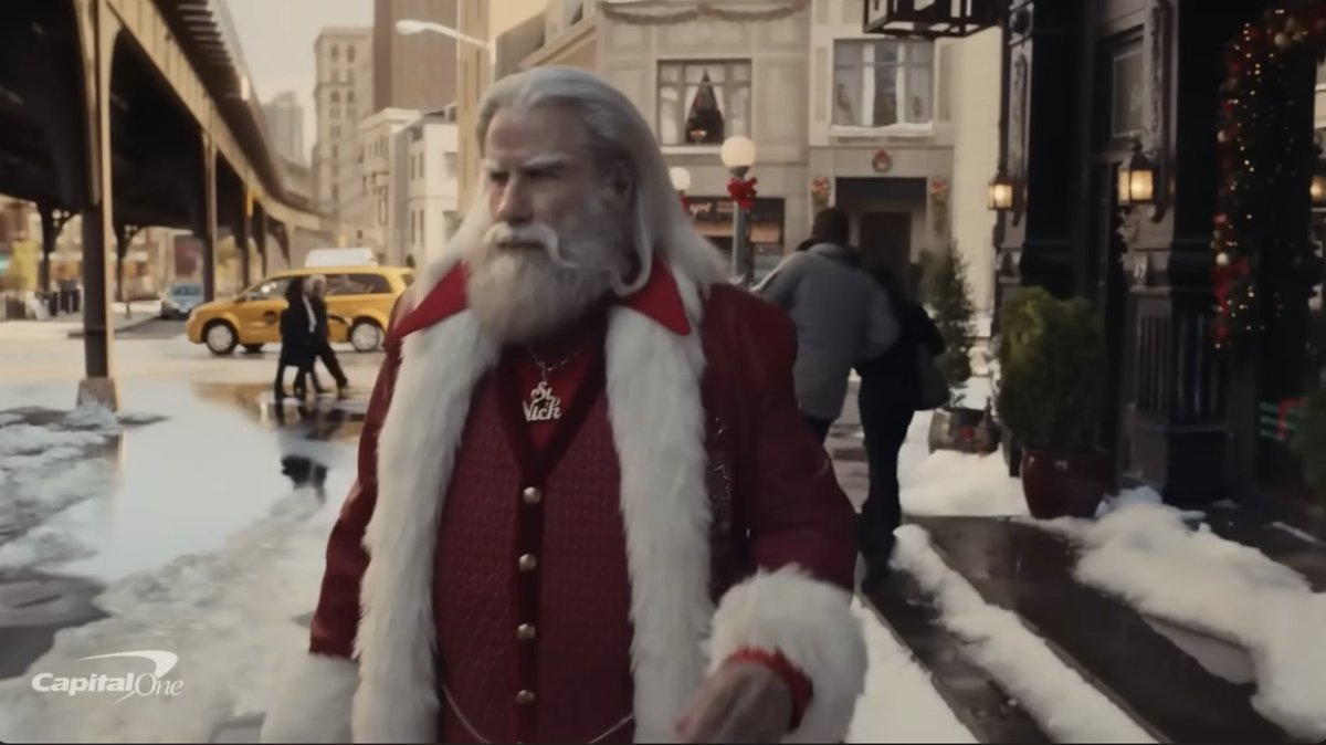 2/5 If you have no idea what I'm talking about, here's the top level: • There's a recent @CapitalOne commercial with Travolta parodying his role from #SaturdayNightFever • But in this case, he's playing Santa, mirroring his strutting SNF character, Tony @Adweek