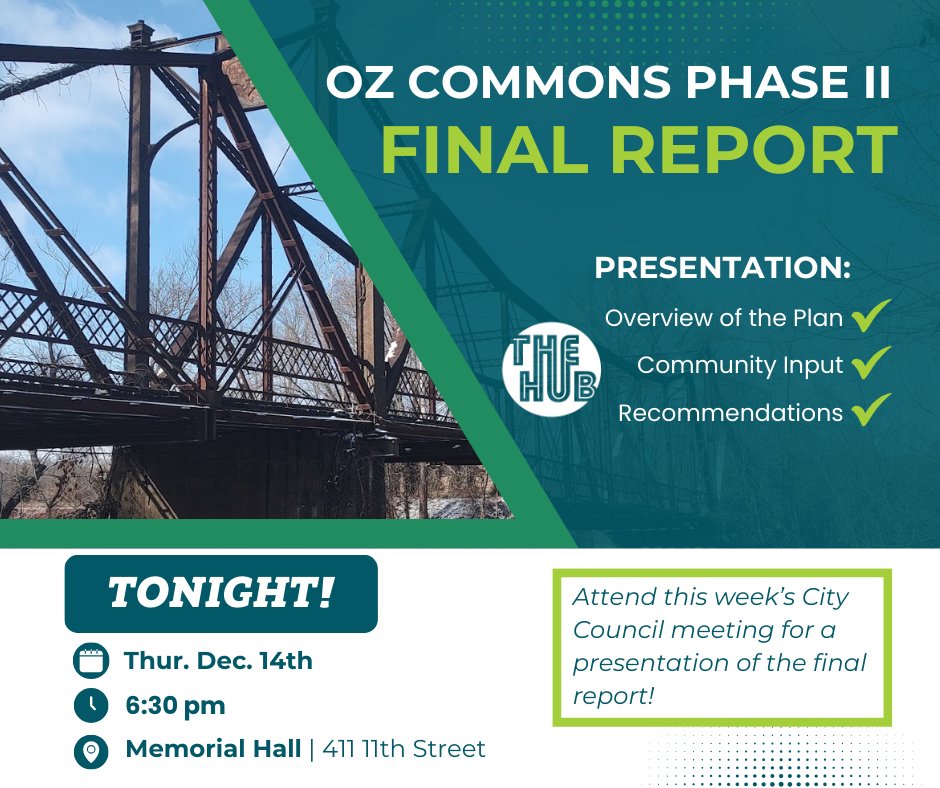 Join us this evening for the final presentation for Phase II of our Oz Commons project at this week's council meeting at 6:30 pm in Memorial Hall (411 11th St.)!