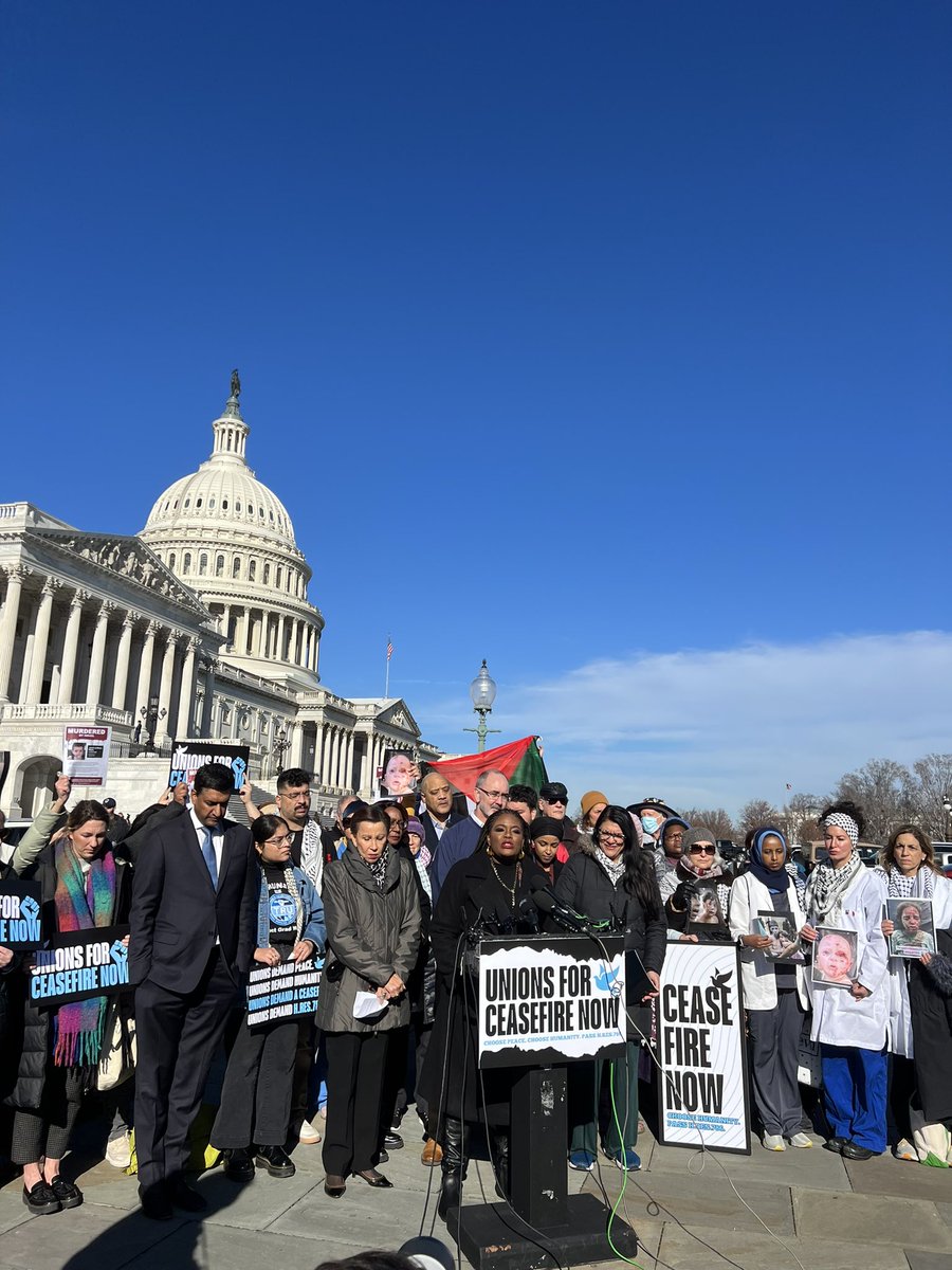 Union workers/leaders including @UAW President Shawn Fain join @CoriBush @RepRashida #ceasefire calls today