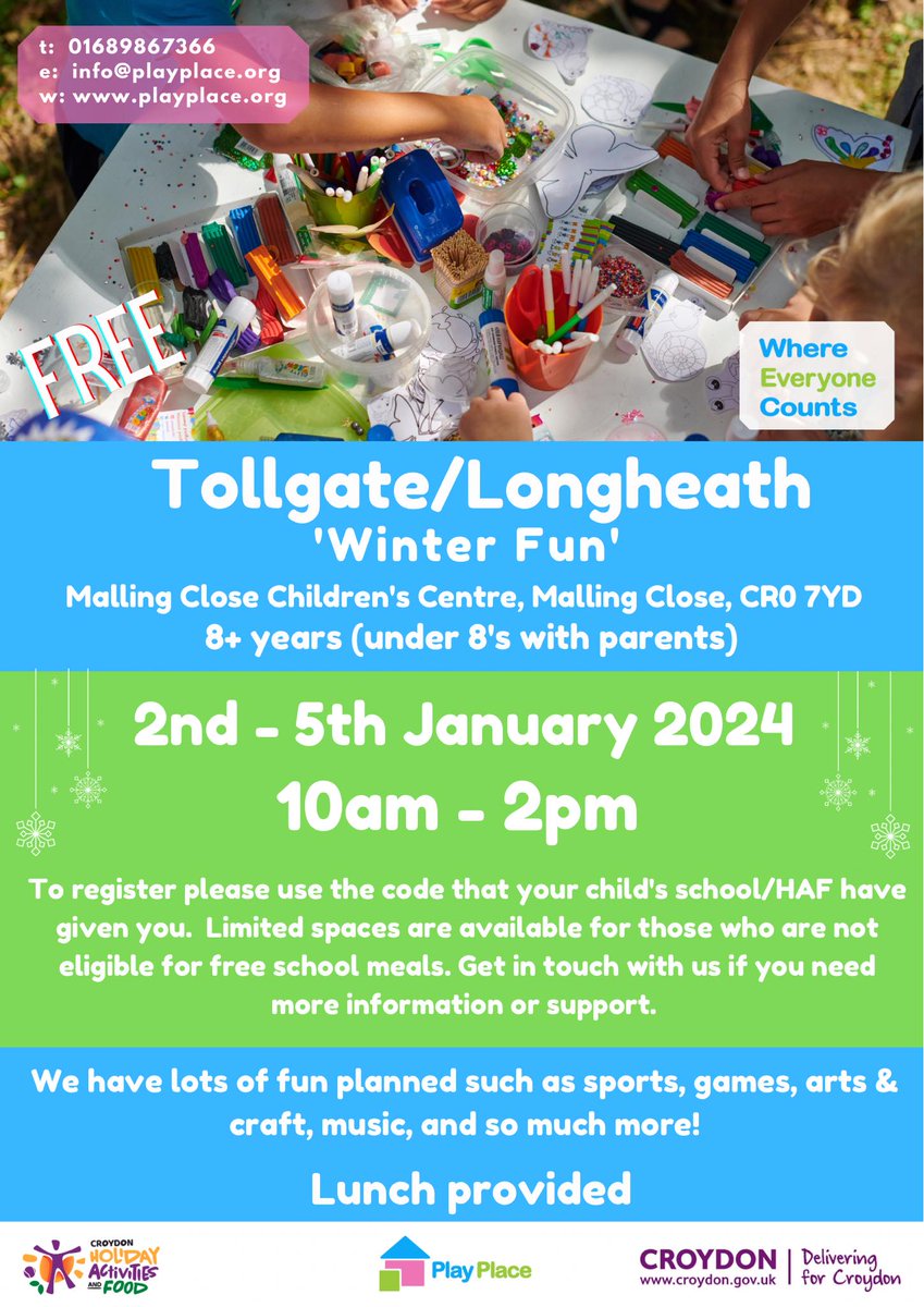 Our 4th Croydon HAF location! Winter fun 2 - 5 January 2024 at Malling Close Children's Centre, CR0 7YD for children 8+ years old (under 8's with parents).

#Winter2023 #YoungPeople #ChildrensActivities