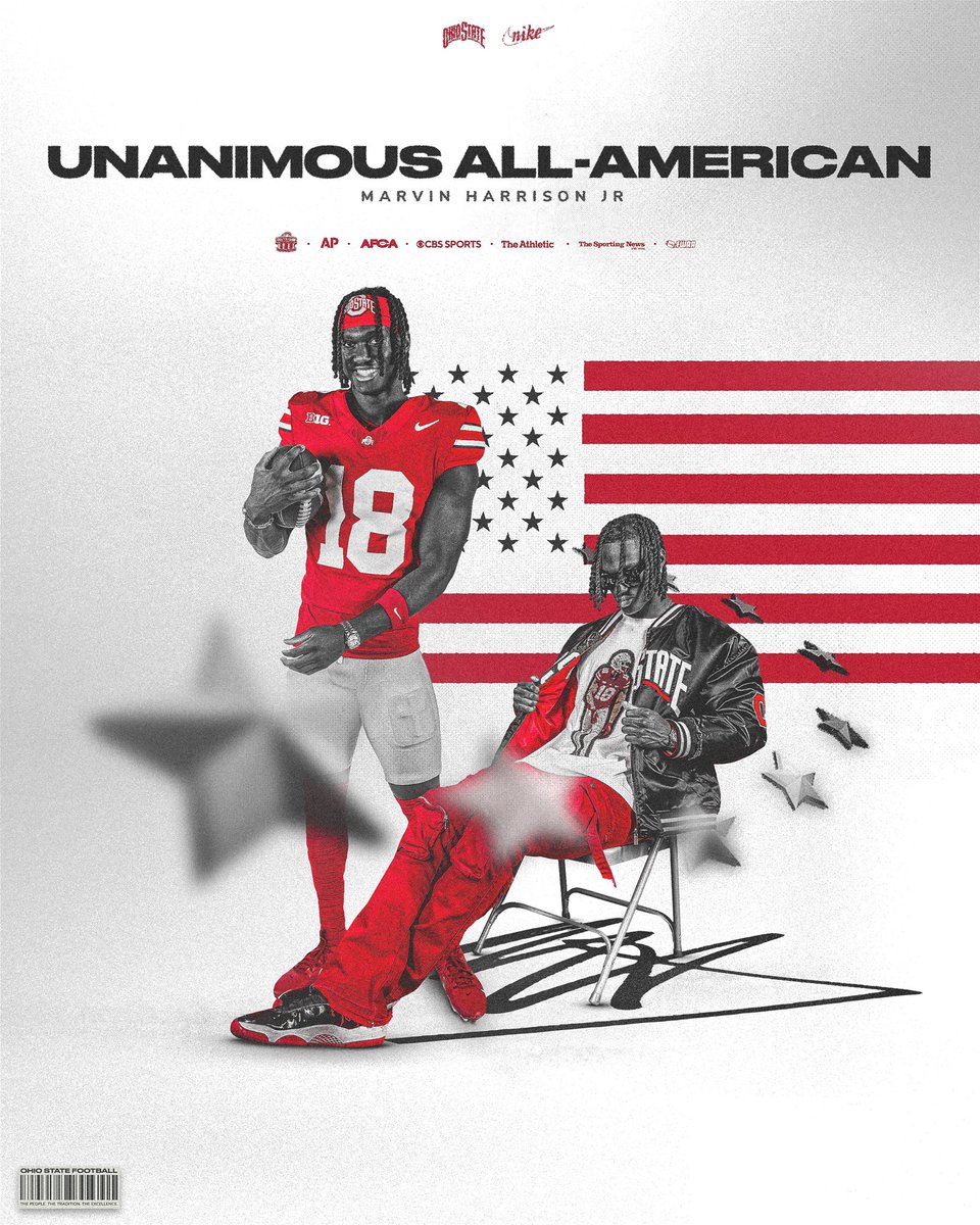 OhioStateFB's tweet photo. 𝐔𝐧𝐚𝐧𝐢𝐦𝐨𝐮𝐬 𝐀𝐥𝐥-𝐀𝐦𝐞𝐫𝐢𝐜𝐚𝐧 𝐌𝐚𝐫𝐯 🇺🇸
     
@MarvHarrisonJr is now a 2x Unanimous All-American 💯 https://t.co/W9xkcfV4sA