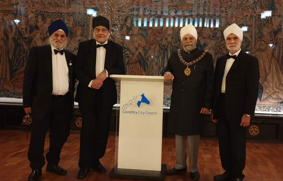 Festive Civic Heads Dinner hosted by The Right Worshipful Lord Mayor of City of Coventry Cllr. Jaswant Singh Birdi East Africa connected Kalasingha Sikhs from Mombasa, Nairobi and Kampala under one roof. L-R Mr. Bhamra, Mr. Sohal, Lord Mayor Cllr. Birdi and Cllr. Jandu.