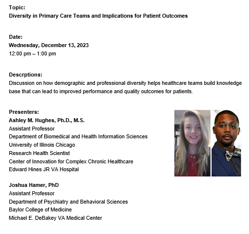 DrAshleyH's tweet photo. @JoshuaphDHamer & I enjoyed presenting at the #BIHE #healthequity seminar yesterday on #Diversity in #PrimaryCare #Teams. Thanks 2 @SJHysong for the ongoing support & @Boydinformatics 4 the invite! @IQuEStHouston @UICAHS @VA_CINCCH https://t.co/wos956X30g