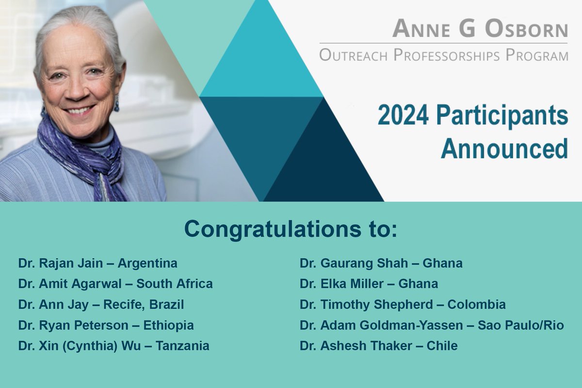 We are excited to announce the selected speakers for the #ASNR 2024 Anne G. Osborn International Visiting Professor Program along with their host countries. Congratulations to all! More details: ow.ly/ii3y50QiOES