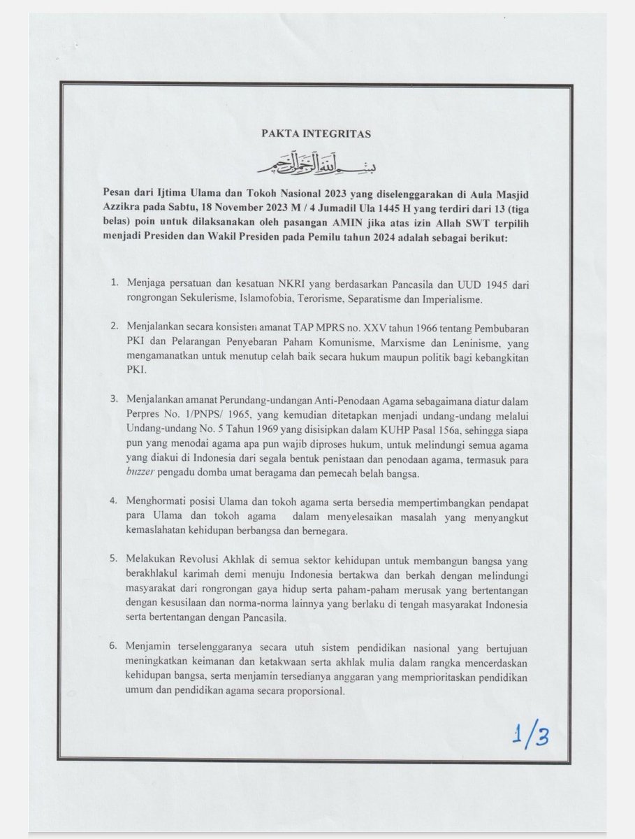 ekowboy2's tweet photo. Syarat yang diajukan Anies & Muhaimin dalam menandatangani pakta ini:

1. Tidak ada poin yang bertentangan dengan konstitusi

2. Apa yang dipersyaratkan tidak mengingkari PBNU, Pancasila, Bhineka Tunggal Ika, UUD 1945 & syarat itu pun telah disepakati oleh Ijtima Ulama

Pilih nomor satu ☝️
cinta Islam cinta Indonesia!!