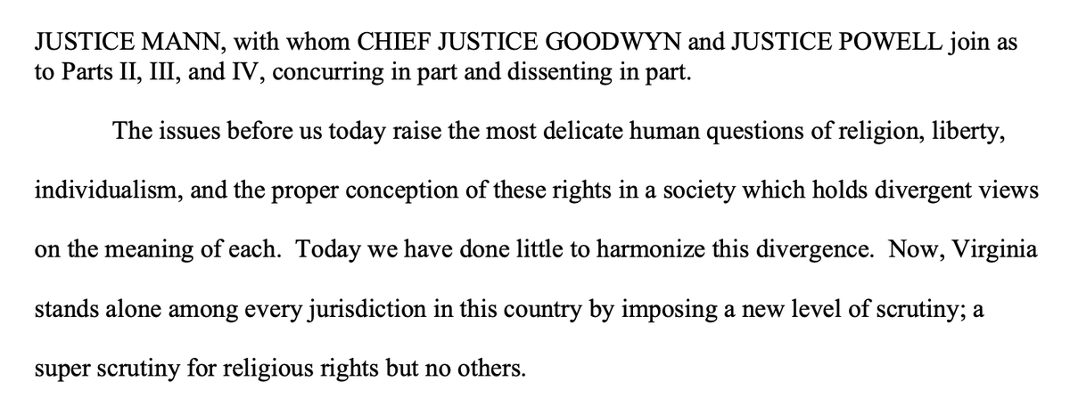 The VA Supreme Court refuses to apply Employment Division v. Smith, the federal free exercise standard, and imposes a stricter test more favorable to 'religious liberty' cases. The dissent calls this 'a super scrutiny for religious rights but no others.' vacourts.gov/opinions/opnsc…