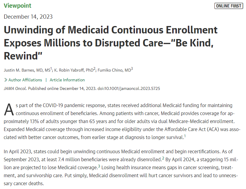 Fumiko Ladd Chino, MD, FASCO (@fumikochino) on Twitter photo "Forcing the most vulnerable people in the US off health insurance (despite eligibility) is an unnecessary cruelty."
Proud of this <a href="/JAMAOnc/">JAMA Oncology</a> viewpoint from Dr <a href="/Barnes_J_M/">Justin M. Barnes</a> discussing the negative cancer implications of #MedicaidUnwinding.
👉jamanetwork.com/journals/jamao… "Forcing the most vulnerable people in the US off health insurance (despite eligibility) is an unnecessary cruelty."
Proud of this <a href="/JAMAOnc/">JAMA Oncology</a> viewpoint from Dr <a href="/Barnes_J_M/">Justin M. Barnes</a> discussing the negative cancer implications of #MedicaidUnwinding.
👉jamanetwork.com/journals/jamao…