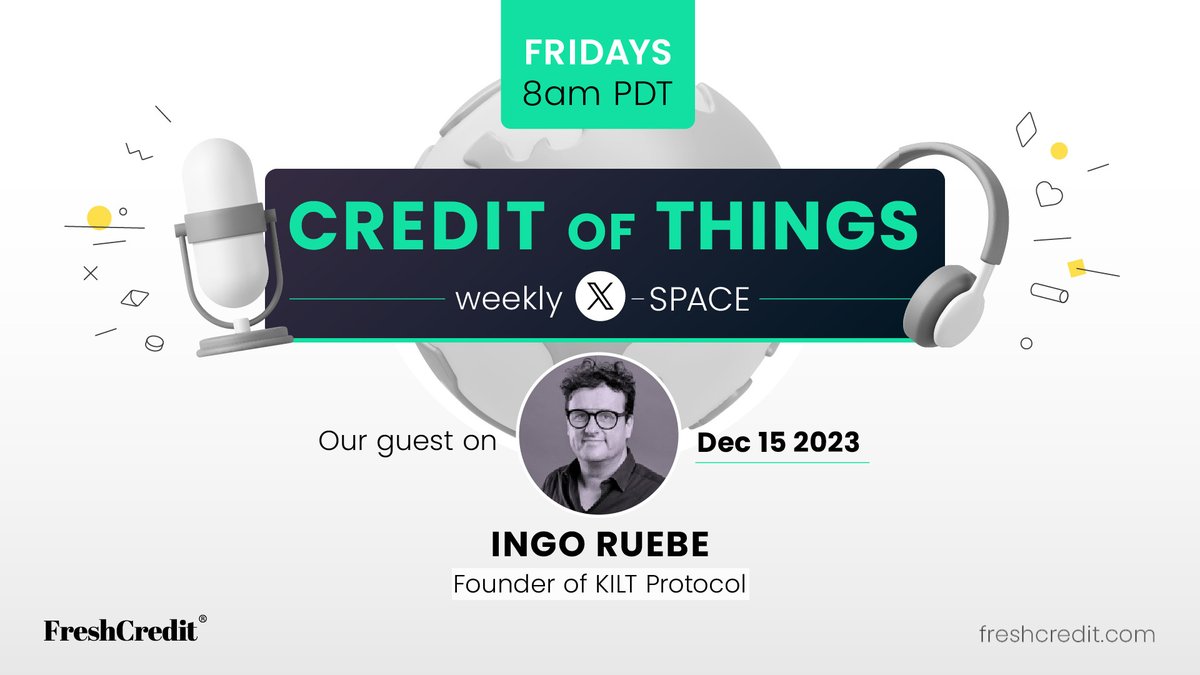 Excited for this week's @FreshCredit® Friday’s podcast #CreditofThings? We are!! Join us Dec 15 @ 0800 PDT for a fascinating discussion with Ingo Rübe, Founder & CEO of @Kiltprotocol. discussing #decentralized #Identity & use-cases for #reputation. twitter.com/i/spaces/1Yqxo…