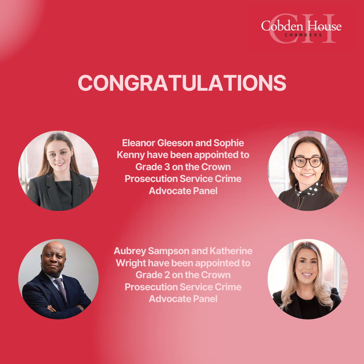 cobden_house's tweet photo. Congratulations to Eleanor Gleeson and Sophie Kenny who have been appointed to Grade 3 on the CPS General Crime Advocate Panel together with Aubrey Sampson and Katherine Wright who have been appointed to Grade 2.

#cps #barristers #crime #criminallaw https://t.co/ZCKcCDXNJa