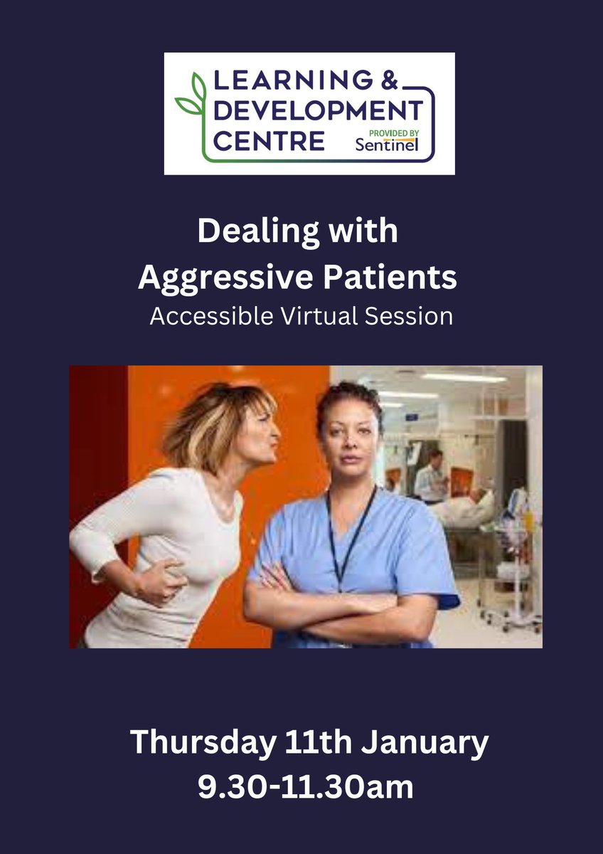 Learning and Development Centre (@ldc_sentinel) on Twitter photo ⭐ Dealing with Aggressive Patients with Education Facilitator, Sarah Stapleton.
👉 To book your place follow this link:
learninganddevelopmentcentre.co.uk/courses-events…
Email us if you have any questions on any of our courses 😊ldc.sentinel@nhs.net ⭐ Dealing with Aggressive Patients with Education Facilitator, Sarah Stapleton.
👉 To book your place follow this link:
learninganddevelopmentcentre.co.uk/courses-events…
Email us if you have any questions on any of our courses 😊ldc.sentinel@nhs.net