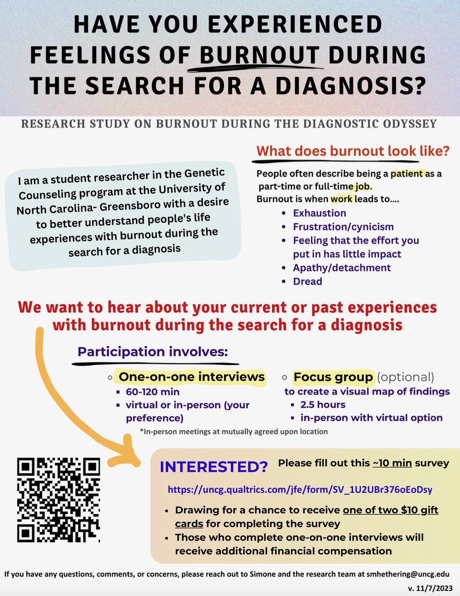 Our second-year student Simone Hetherington is inviting adults who have a past or current experience of being undiagnosed to participate in interviews for her Capstone research. If you are interested, please fill out the short screening questionnaire: uncg.qualtrics.com/jfe/form/SV_1U…