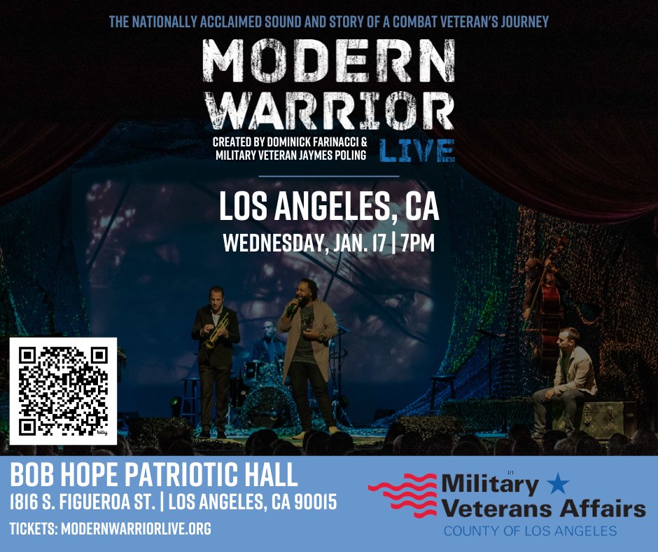 LOS ANGELES DEBUT OF MODERN WARRIOR LIVE! We are thrilled to bring MWL to the historic Bob Hope Patriotic Hall on January 17th. Presented by the LA County Department of Military and Veterans Affairs - <a href="/LACMVA/">LA County Military & Veterans Affairs</a>. Tickets are complimentary with registration.  bit.ly/mwl-los-angeles