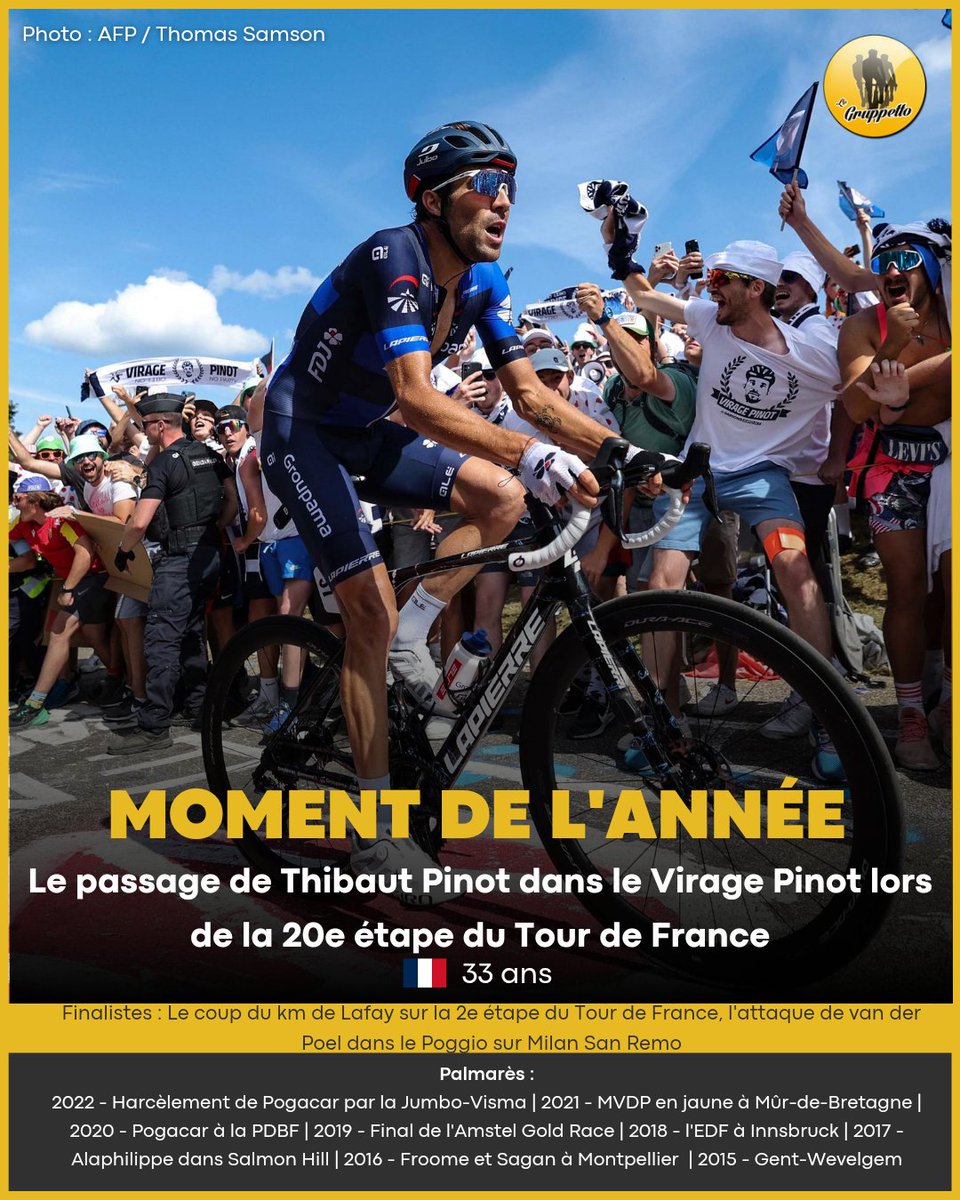 Le passage de Thibaut Pinot dans le 'Virage Pinot', lors de la 20e étape du Tour de France, est élu moment de l'année. L'attaque décisive de Mathieu van der Poel dans le Poggio sur Milan San Remo et le coup du kilomètre de Victor Lafay à San Sebastian ont aussi été mis en avant.