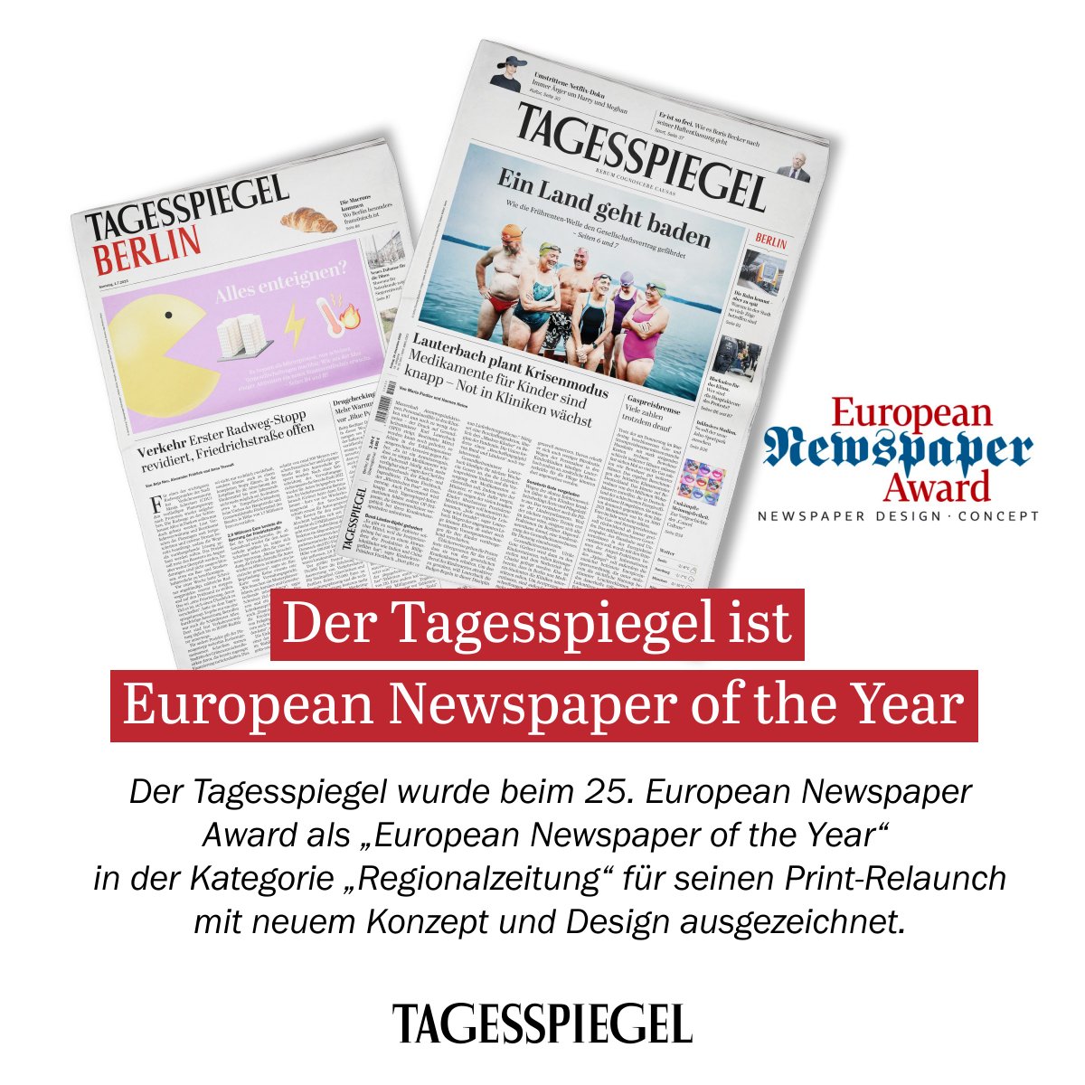 In eigener Sache. Der neue Tagesspiegel ist Europas Regionalzeitung des Jahres! Und nicht nur das. Neben dem Hauptpreis wurden wir in fünf weiteren, digitalen Kategorien für den Umgang mit Infografiken und digitalem Storytelling ausgezeichnet. tagesspiegel.de/gesellschaft/m…