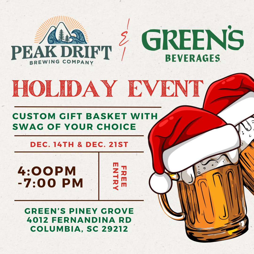 Green's Bev Columbia (@greenscolumbia) on Twitter photo Purchase any 2-6pks from <a href="/PeakDriftBrew/">Peak Drift Brewing Co.</a> & get the swag to go into the gift basket free of charge during our holiday event at Green's Piney Grove. Choose your beer, pick the swag & get someone else to wrap it all up into a beerific package all while in-store. It's a win, win, win. Purchase any 2-6pks from <a href="/PeakDriftBrew/">Peak Drift Brewing Co.</a> & get the swag to go into the gift basket free of charge during our holiday event at Green's Piney Grove. Choose your beer, pick the swag & get someone else to wrap it all up into a beerific package all while in-store. It's a win, win, win.