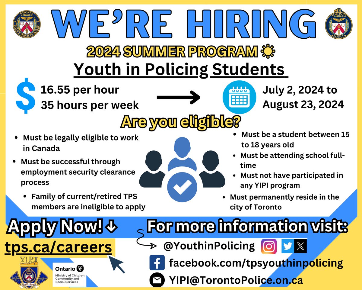 Guess what… we’re hiring!
Our Summer 2024 program is now accepting applications. 
Apply today at: tps.ca/youth-policing…