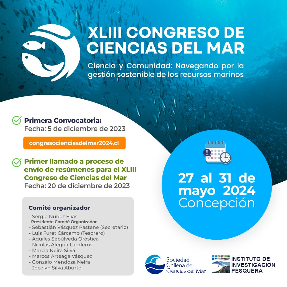 XLIII Congreso de Ciencias del Mar 2024 (@congresocsmar) on Twitter photo Hola a tod@s, ya está activa la primera convocatoria al XLIII Congreso de Ciencias del Mar 2024 organizado por <a href="/inpesca_biobio/">Instituto de Investigación Pesquera</a> y la <a href="/schcmar/">Sociedad Chilena Ciencias del Mar</a> en Concepción. Para descargar la 1ra convocatoria visita 👉congresocienciasdelmar2024.cl. Síguenos para contenido actualizado! Hola a tod@s, ya está activa la primera convocatoria al XLIII Congreso de Ciencias del Mar 2024 organizado por <a href="/inpesca_biobio/">Instituto de Investigación Pesquera</a> y la <a href="/schcmar/">Sociedad Chilena Ciencias del Mar</a> en Concepción. Para descargar la 1ra convocatoria visita 👉congresocienciasdelmar2024.cl. Síguenos para contenido actualizado!
