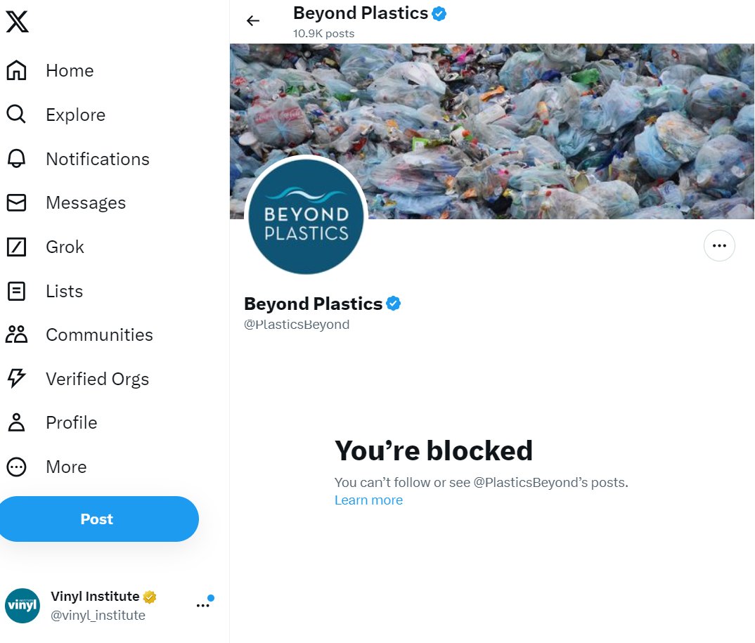 Some groups love pushback because it gives them an opportunity to further defend their stances. 

Beyond Plastics is not one of those groups. They handle scientific evidence and pushback by.... blocking their opponents.