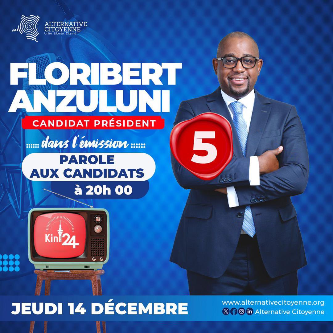 Suivez-nous ce soir à 20h00’ sur KIN 24 dans l’émission « Parole aux Candidats » 

Le Futur c’est MAINTENANT!🇨🇩

#AnzuluniPresident🖐🏾
#CongoNouveau
#NouveauDepart