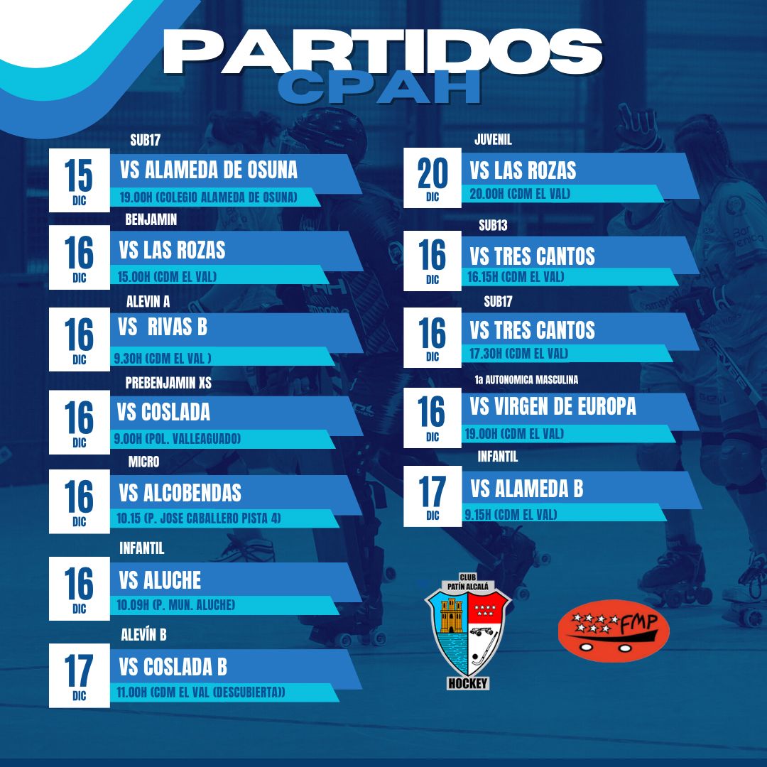 AlcalaHockey's tweet photo. COMPETICIÓN || Último fin de semana del año de competición oficial para los equipos de #BaseCPAH, del Club y el senior masculino.
El Domingo 17 además el III Torneo de Escuelas de Navidad.
#valores #igualdad #CPAH
#aupaalcala 💙 #juntossomosmasfuertes #hockeypatines #valores https://t.co/0lFEf0FolU