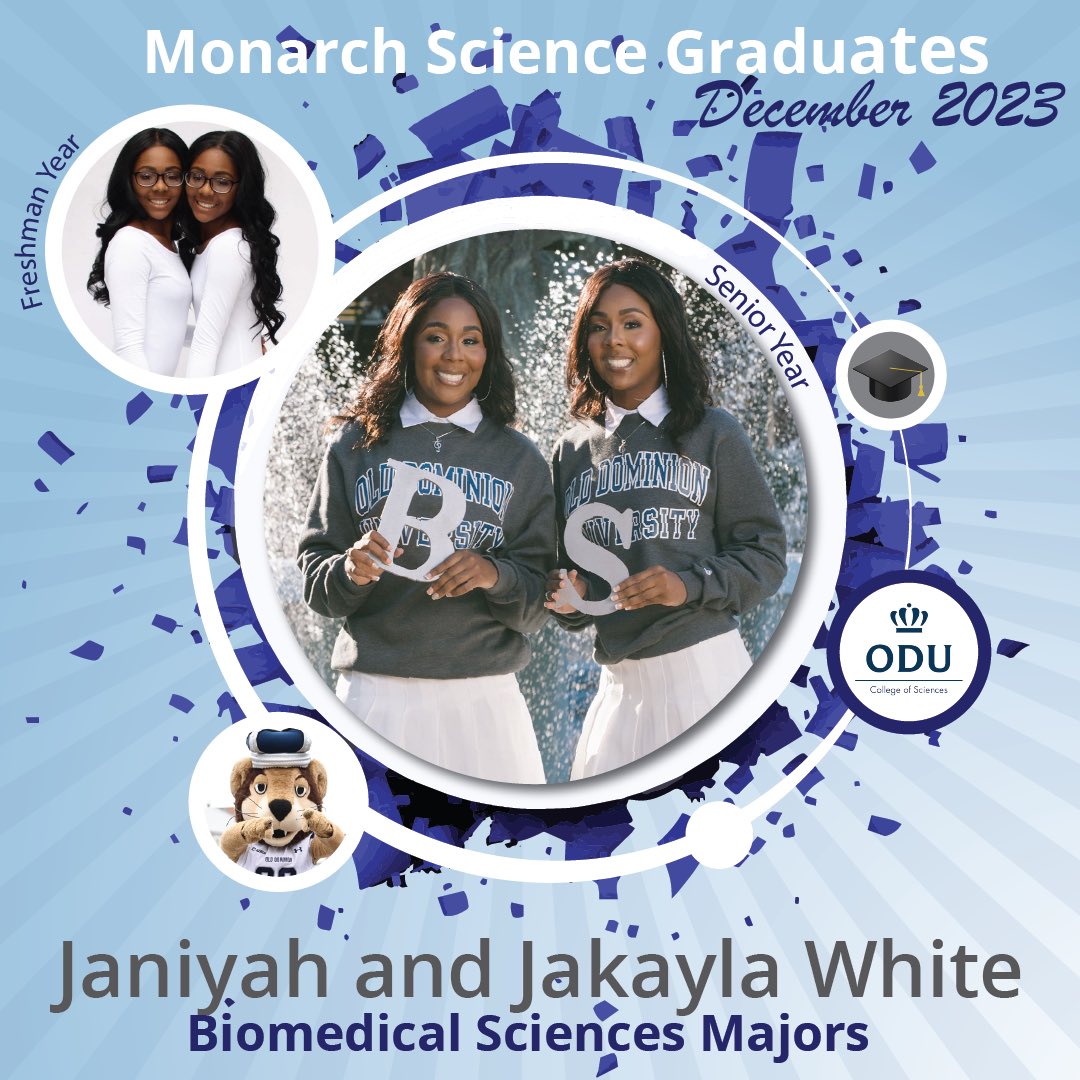 ODUSCI's tweet photo. A huge shoutout to twin sisters Janiyah and Jakayla White for making it to the finish line together!  We hope these sisters and all of our #Monarchs will enjoy the next chapter of their lives as they graduate #class2023 #Decembergrads GO MONARCHS!!! #odu https://t.co/5MhItULkHR