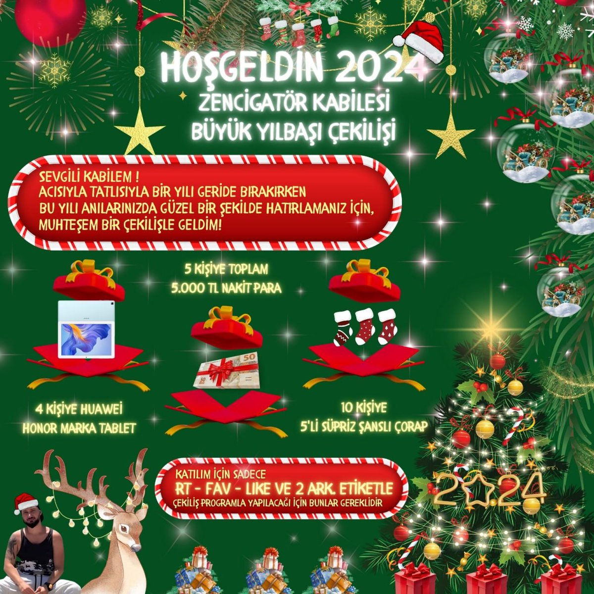 🧑‍🎄YILBAŞI ÇEKİLİŞİ 🧑‍🎄 📱4 KİŞİYE HUAWEİ TABLET 💸5 KİŞİYE 5000 TL PARA ÖDÜLÜ 🧦10 KİŞİYE SÜRPRİZ 5 Lİ ÇORAP KUTUSU Yapmanız Gerekenler ✅Beni takip et ✅Telegram grubuma katıl t.me/Kripto_Zenci ✅RT-BEĞEN ✅2 ARKADAŞINI ETİKETLE 1 OCAK 2024 Tarihinde açıklanır.