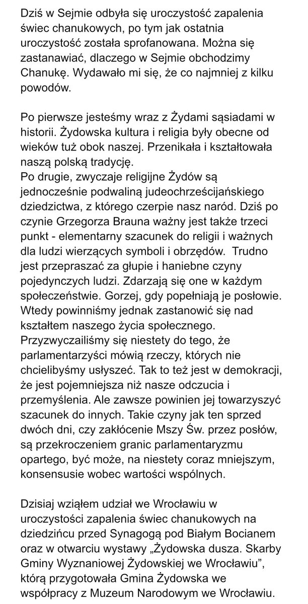 Dziś w Sejmie odbyła się uroczystość zapalenia świec chanukowych, po tym jak ostatnia uroczystość została sprofanowana. Kilka refleksji na temat ostatnich wydarzeń.