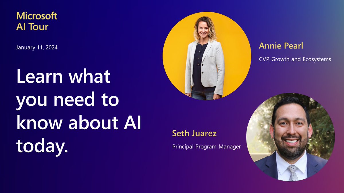 Redefine what innovation means for you by unlocking the power of AI. 💡 Turn your AI vision into action at the Microsoft AI Tour in San Francisco to: 🚀Learn from breakouts and interactive workshops 🤝Collaborate with product engineers Register now: msft.it/6016iVlTo